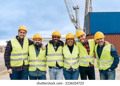 Multiracial Worker People Having Fun Inside Container Cargo Terminal At Maritime Port - Main Focus On Indian Man Face