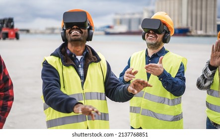 Multiracial Workers Using Virtual Reality Headsets At Freight Terminal Port - Focus On Senior Man Face