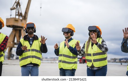 Multiracial workers using virtual reality headsets at Freight Terminal Port - Focus on african woman hands