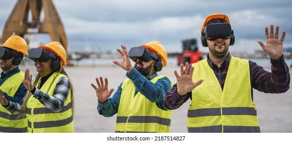 Multiracial workers using virtual reality headsets at Freight Terminal Port - Focus on right man face