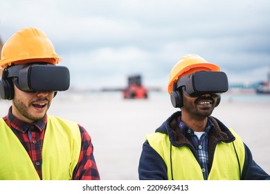 Multiracial Workers Using Virtual Reality Headsets At Freight Terminal Port - Focus On Indian Man Goggles