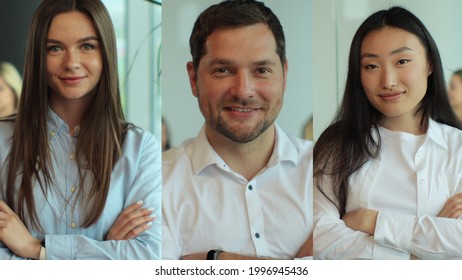 Multiscreen Montage Of Young Men And Women At Workplaces. Collage Of Different Multiethnic Office Workers In Cabinets Smiling To Camera. Multiscreen Footage. Split Screen Variation.