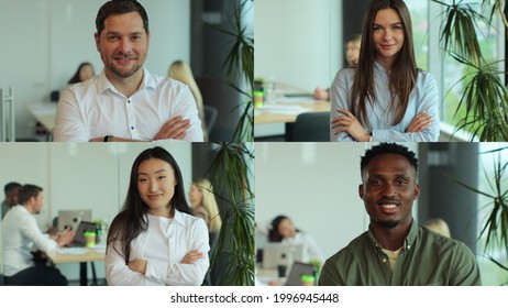 Multiscreen Montage Of Young Men And Women At Workplaces. Collage Of Different Multiethnic Office Workers In Cabinets Smiling To Camera. Multiscreen Footage. Split Screen Variation.