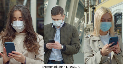 Multiscreen On People Using Smartphone In Everyday Life. C Group Of People In Masks, Collage Citizens Virus Mask On Street Wearing Face Protection In Prevention For Coronavirus Covid 19.