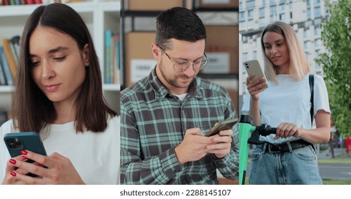 Multiscreen on people using smartphone in everyday life. Nomophobia - People using the mobile phone. No-mobile-phone phobia.