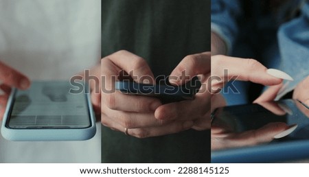 Multiscreen on people using smartphone in everyday life. People using the mobile phone. No-mobile-phone phobia. Multiscreen footage. Split screen variation.