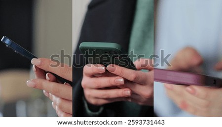 Multiscreen on people using smartphone in everyday life. People using the mobile phone. No-mobile-phone phobia. Multiscreen footage. Split screen variation.