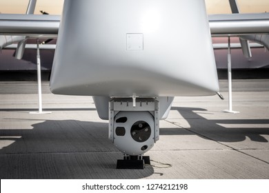 Multi-Sensor Surveillance Camera Pod Under A Military Drone.