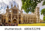 Multi-shop panorama of Westminster Abbey, London in high season.