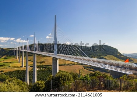 Multi-span cable stayed Millau Viaduct across gorge valley of Tarn River, Aveyron Departement, France