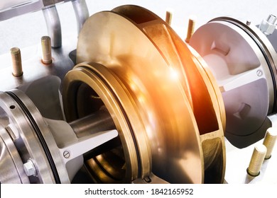 Multistage high pressure prepared pumpfor pumping of water, fuel, oil and oil or chemical products, closeup details. industrial concept background