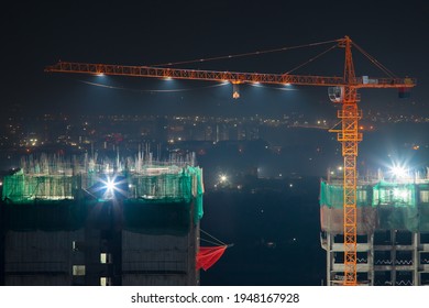 Multistory Residential Building Construction Site At Night.