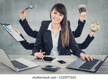 Multitask business woman with many hands. Performing several actions at the same time.