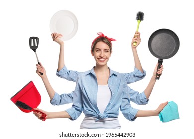 Multitask Housewife With Many Hands Holding Different Stuff On White Background