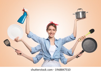 Multitask Housewife With Many Hands Holding Different Stuff On Beige Background