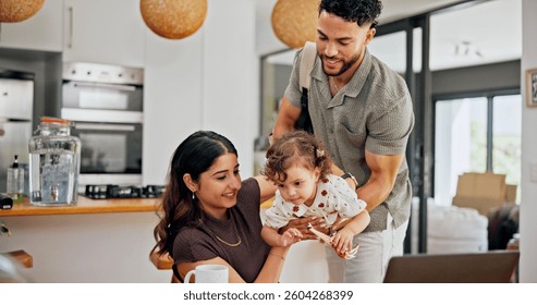 Multitask, remote work and toddler with parents in home for business, career or juggling tasks. Busy, freelance or help with mother, father and child in kitchen of apartment for assistance or balance