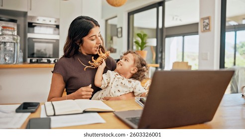 Multitask, remote work or toys with mother and baby in home for development of small business. Laptop, playful or surprise with single parent and child in apartment for freelance or startup