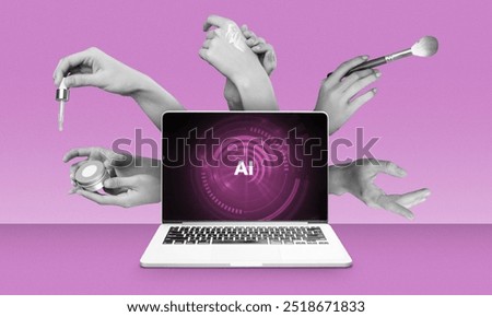Multitasking AI virtual assistant for beauty products with hands doing different make up task all at once in collage illustration concept.