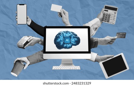 Multitasking business AI assistant concept collage art. AI brain computer capable of doing multiple things at once, hands holding different kinds of equipment related to business - Powered by Shutterstock