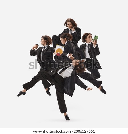 Multitasking business woman. Portrait with busy woman, ballet dancer in costume working with gadgets isolated over white background. Concept of career, office lifestyle, success, contemporary dance