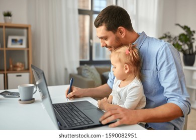 multi-tasking, freelance and fatherhood concept - working father with baby daughter and laptop computer at home office - Powered by Shutterstock