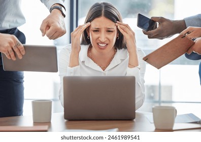 Multitasking, headache and woman overwhelmed in office with stress, burnout or accountant on audit. Frustrated, employee and anxiety for time management chaos, challenge or deadline in schedule - Powered by Shutterstock