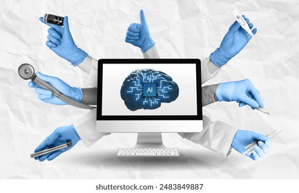 Multitasking medical AI assistant concept collage art. AI brain computer capable of doing multiple things at once, hands holding different kinds of equipment related to healthcare - Powered by Shutterstock