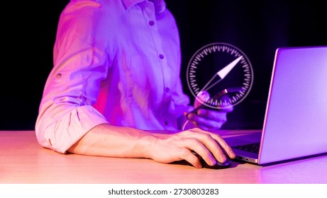 Multitasking professional checking internet connection speed on mobile device at neon-lit workspace - Powered by Shutterstock - Get 15% off with code: PIKWIZARD15