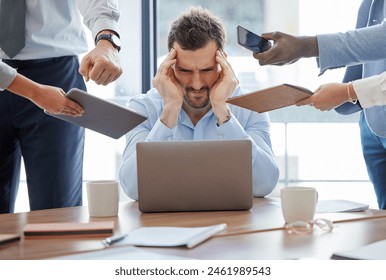 Multitasking, stress and man overwhelmed in office with headache, burnout or accountant on audit. Financial, taxes and time management anxiety or frustrated by challenge with schedule or deadline