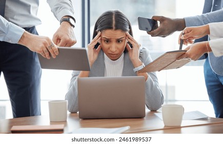 Multitasking, stress and woman overwhelmed in office with headache, burnout or accountant on audit. Frustrated, employee and anxiety for time management chaos, challenge or deadline in schedule
