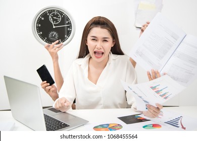 Multitasking woman busy business manager task with white background.