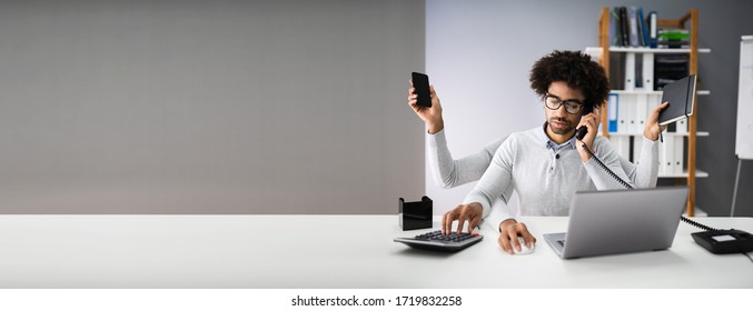 Multitasking Workload Of Happy Busy Man Worker In Office