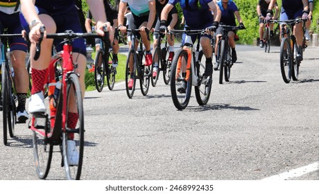 multitude of bicycles and the legs of cyclists pedaling during a cycling race