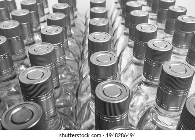 Multitude Of Pure Alcohol Bottles Not Labeled. Bottles Of Home Alcoholic Beverages. Small Liquor Production Based On Distillation. Bottles Empty Full  Placed In A Row. Distillery A Liquor 