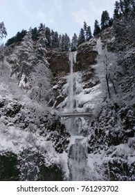 Multnomah Falls Blanketed In Undisturbed Snow. 