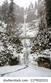 Multnomah Falls In Fresh Snow, Oregon-USA