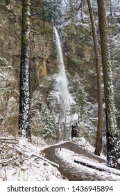 Multnomah Falls And Trail In Winter With A Dusting Of Snow