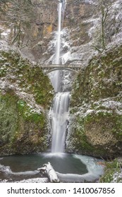 Multnomah Falls In Winter With A Fresh Dusting Of Snow