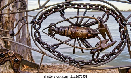 Mulwala, New South Wales Australia - June 26, 2020: Close Up Of Piece Of Art Showing Crayfish In Fish Stomach On The Shore Of Lake Mulwala