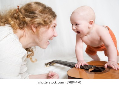 Mum and the son laugh