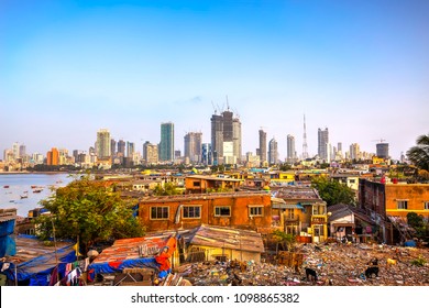 Mumbai Cityscape With A Big Contrast Between Poverty And Wealth, Maharashtra, India