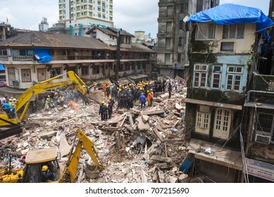 Mumbai / India 1 September 2017 Rescue Operations At The Site Of A Building Collapse In The Bhendi Bazaar Area Of South Mumbai In Maharashtra  India