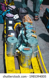 Mumbai, India, 18 November, 2019. Dabbawala Lunchbox Or Tiffin Box Delivery Service: Lunchboxes On The Ground Outside The Station Waiting For Sorting And Delivey.