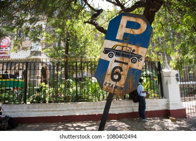 Mumbai / India 20 April 2018 Only Six Taxi Parking Traffic Police Symbol Sign Board At Mumbai Maharashtra India