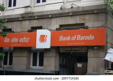 Mumbai, India - 26 September 2021, Bank of Baroda's board outside its branch. Financial institution, finance, banking, BOB, Vadodara, government, rbi, stock market, shares, savings, scheme concept.