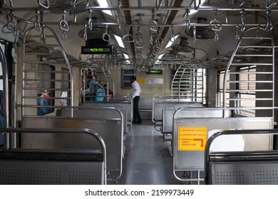 Mumbai, India - 31 August 2022, Interior Of Mumbai Local Train. Carriage, Handles, Seat, Crowd, Vacant, Station, Western, Central, Harbour, Ladies, Handicapped, Second Class, First Class, Sleeper.