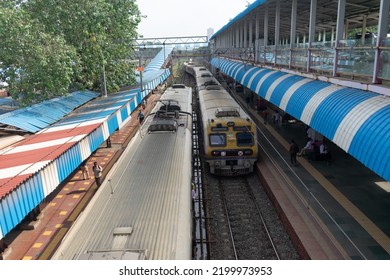 Mumbai, India - 31 August 2022, Top View Local Train Of Central, Western, Harbour Railway Line, Indian Railway Running In City. Direct Current, Electricity, Fuel, Ticket, Metro, Crowd, Lifeline, Speed