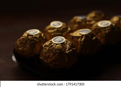 MUMBAI, INDIA- AUG 5, 2020: Ferrero Rocher Premium Chocolate Sweets Made By Italian Ferrero Spa. Selective Focus.