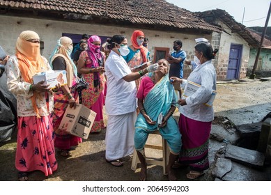 MUMBAI - INDIA - AUGUST 2, 2021: Health Workers Collects A Swab Sample From A Women For The Covid-19 Coronavirus Test At Village In Kolhapur.