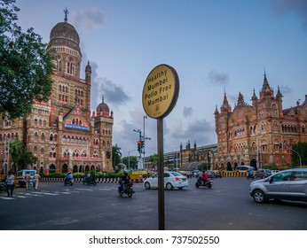 MUMBAI, INDIA - AUGUST 6, 2017 - Signboard Of Polio Free And Healthy Mumbai Displayed In The Backdrop Of BMC Municipal Building 